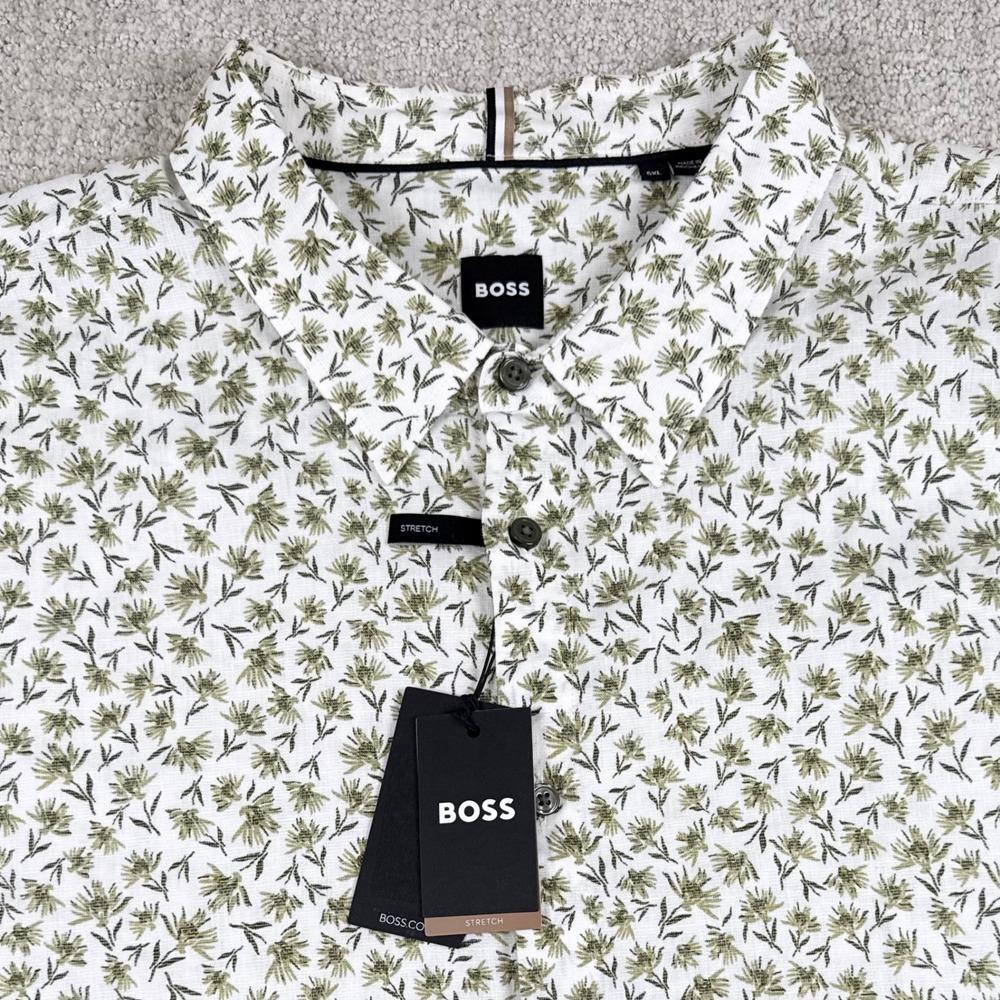 NEW HUGO BOSS Mens 5XL Floral Roan Stretch Linen Blend Short Sleeve Button Shirt